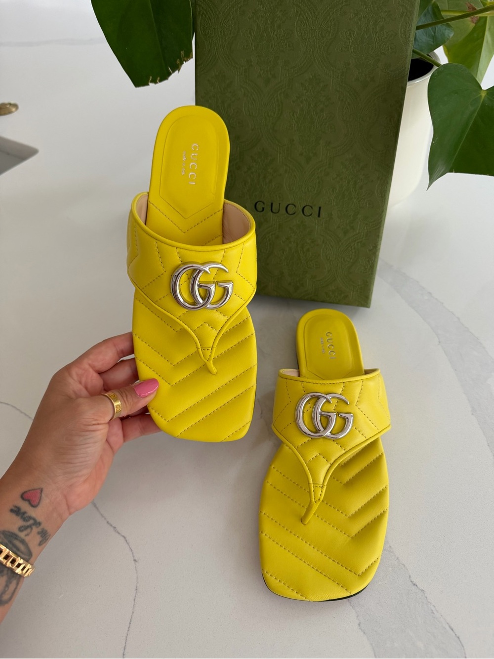 Gucci Yellow Quilted GG Thong Sandals with Silver Hardware